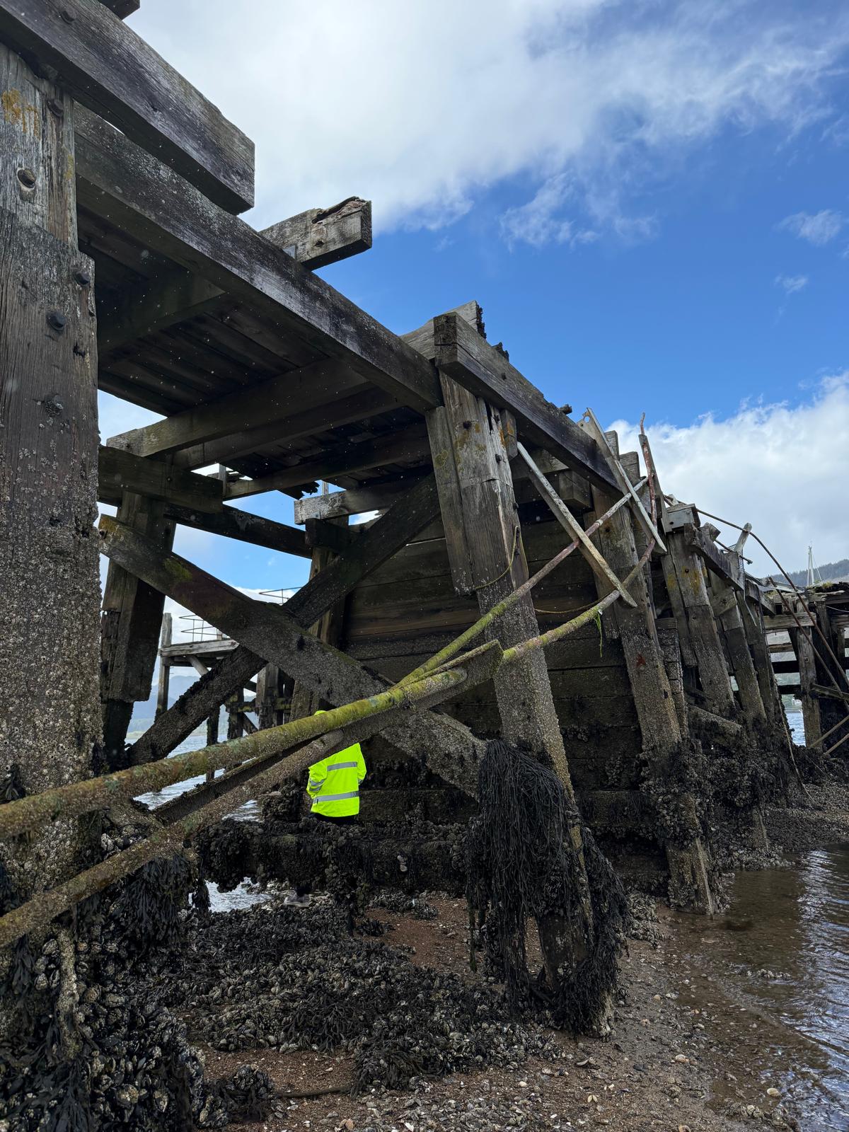 An inspector in a hi-vis jacket beside the barnacle-covered piles and cross-bracing of Ardnadam Pier at low tide.