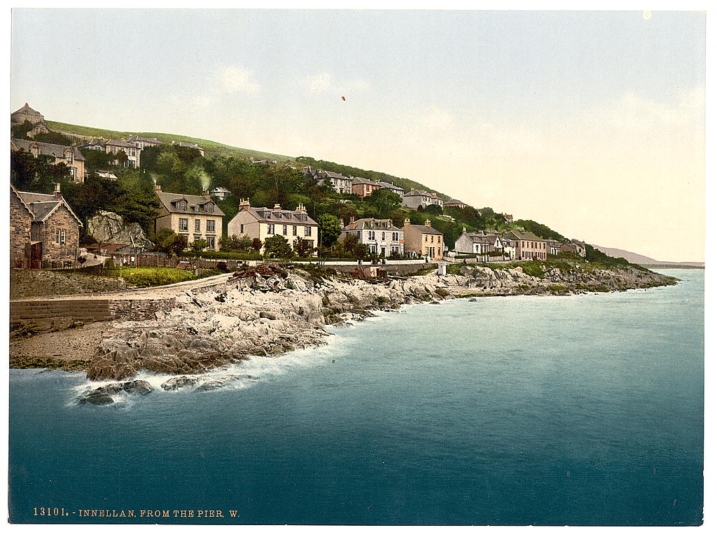 Photochrom of the village of Innellan seen from the pier looking west.