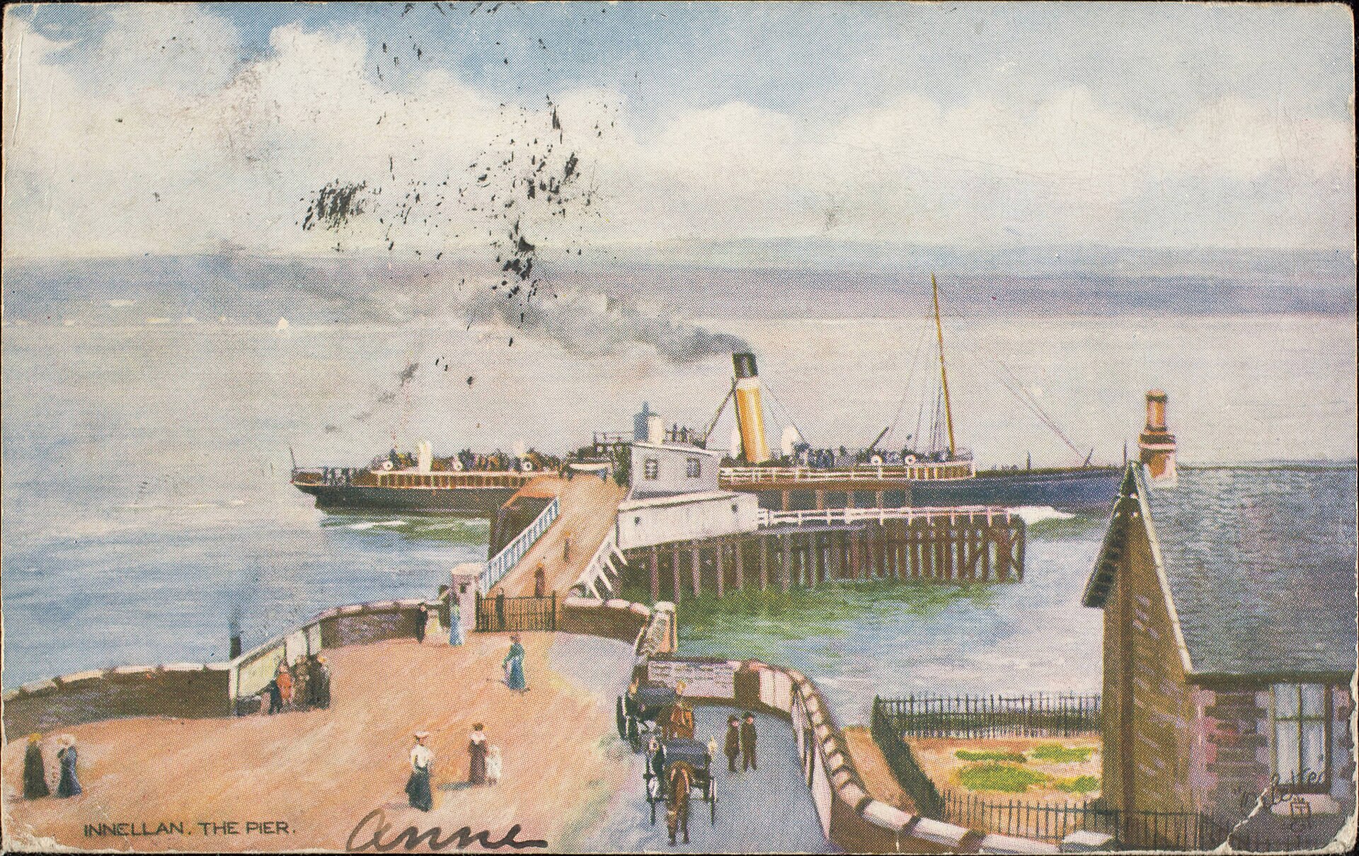 View along Innellan Pier with the Cowal shoreline behind.