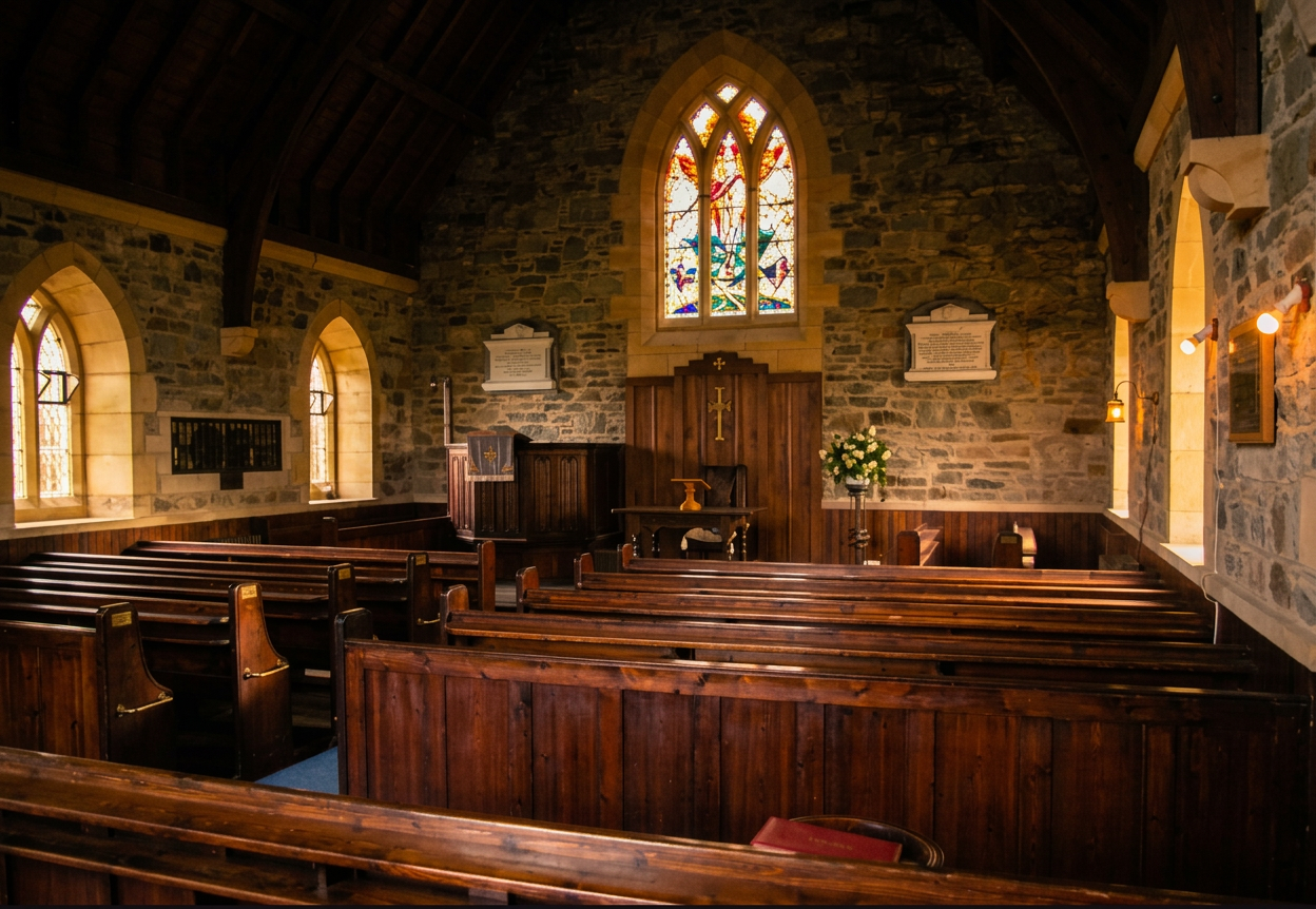 The interior of the church with stained glass window and wooden pews.