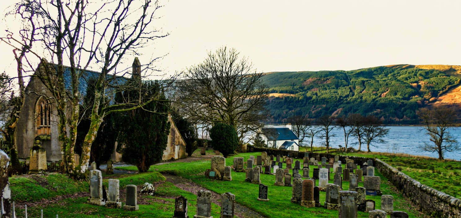 Aerial view of Inverchaolain Church, graveyard and Loch Striven.