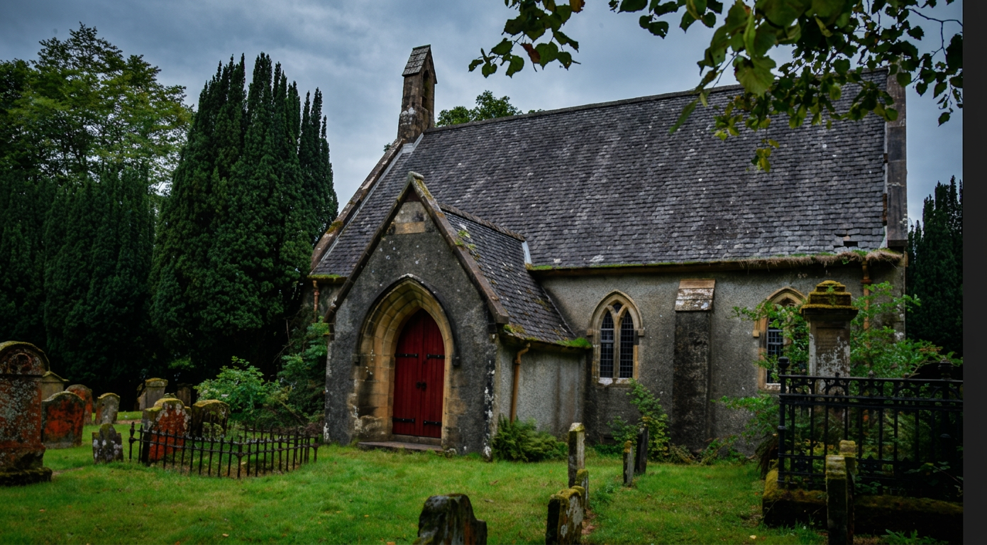 The church entrance with its distinctive red door.