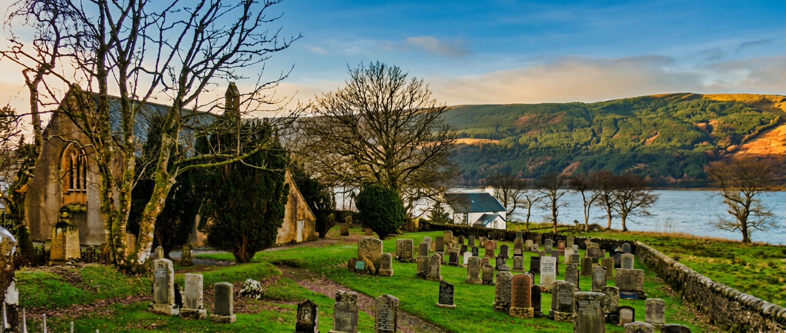 Inverchaolain Church nestled among the hills of the Cowal Peninsula.