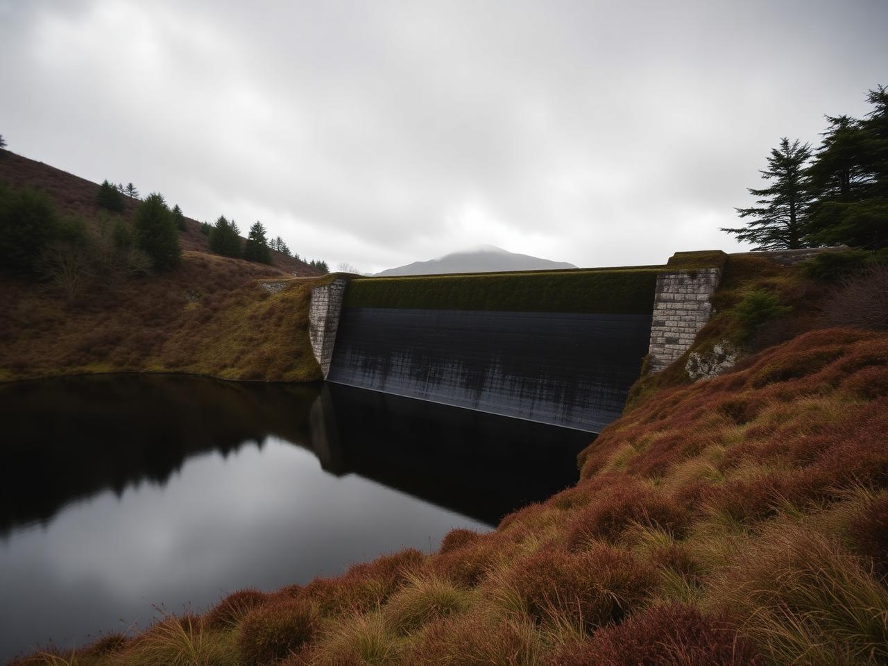 The masonry dam of Ardnadam Reservoir in the Cowal hills, with still water and surrounding heather under an overcast sky.